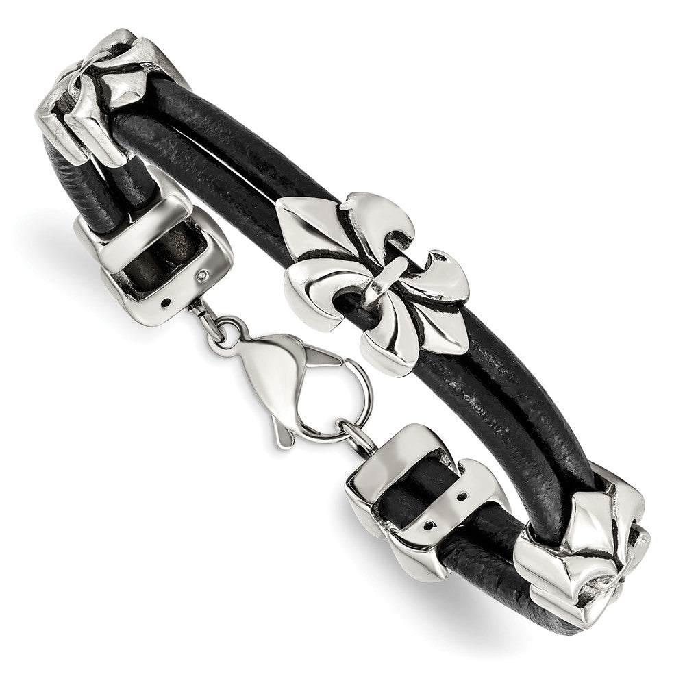 Stainless Steel Antiqued & Polished Fleur De Lis Black Leather Bracelet, 8.5 mm