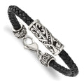 Chisel Stainless Steel Antiqued Polished and Textured Fleur de Lis Black Braided Leather 8.5 inch Bracelet, 8.5 x 6.5 mm