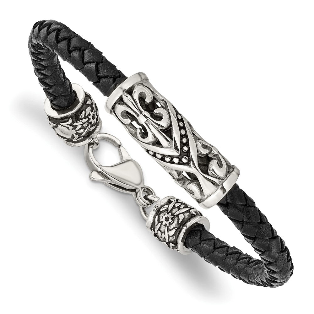 Chisel Stainless Steel Antiqued Polished and Textured Fleur de Lis Black Braided Leather 8.5 inch Bracelet, 8.5 x 6.5 mm
