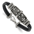 Chisel Stainless Steel Antiqued and Polished Fleur de Lis 2 Strand Black Leather 8.5 inch Bracelet, 8.5 x 9 mm