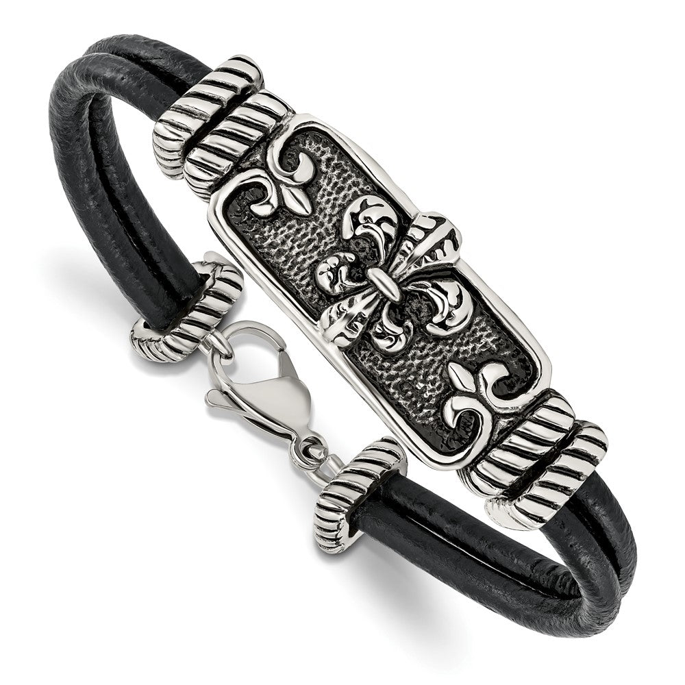 Chisel Stainless Steel Antiqued and Polished Fleur de Lis 2 Strand Black Leather 8.5 inch Bracelet, 8.5 x 9 mm