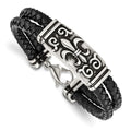 Chisel Stainless Steel Antiqued and Polished Fleur de Lis 2 Strand Black Braided Leather 8.5 inch Bracelet, 8.5 x 12.5 mm