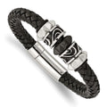 Chisel Stainless Steel Antiqued Brushed and Polished Black IP-plated Black Braided Leather 8.5 inch Bracelet, 8.5 x 9 mm
