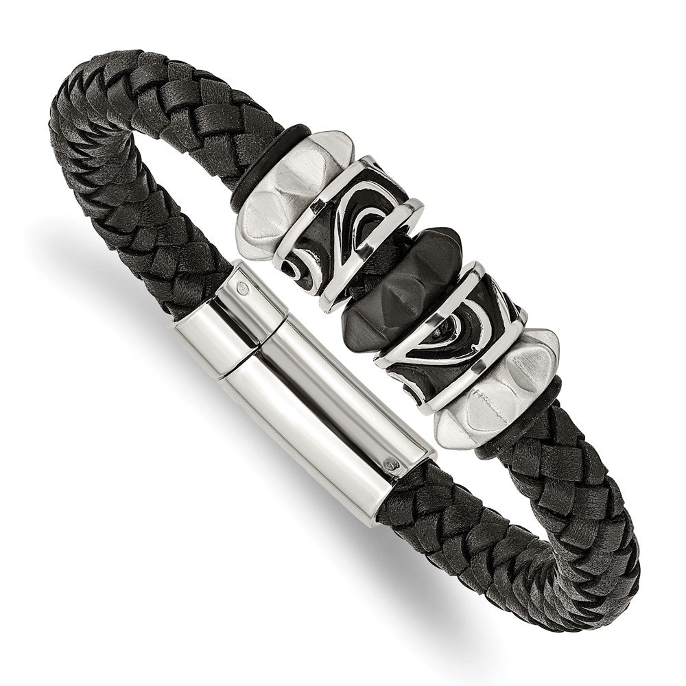 Chisel Stainless Steel Antiqued Brushed and Polished Black IP-plated Black Braided Leather 8.5 inch Bracelet, 8.5 x 9 mm