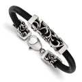 Stainless Steel Antiqued & Polished Filigree Black Leather Cord Bracelet, 8.5 mm