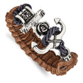 Chisel Stainless Steel Antiqued and Polished Anchor with Flower and Skulls Brown Leather 8.5 inch Bracelet, 8.5 x 19 mm