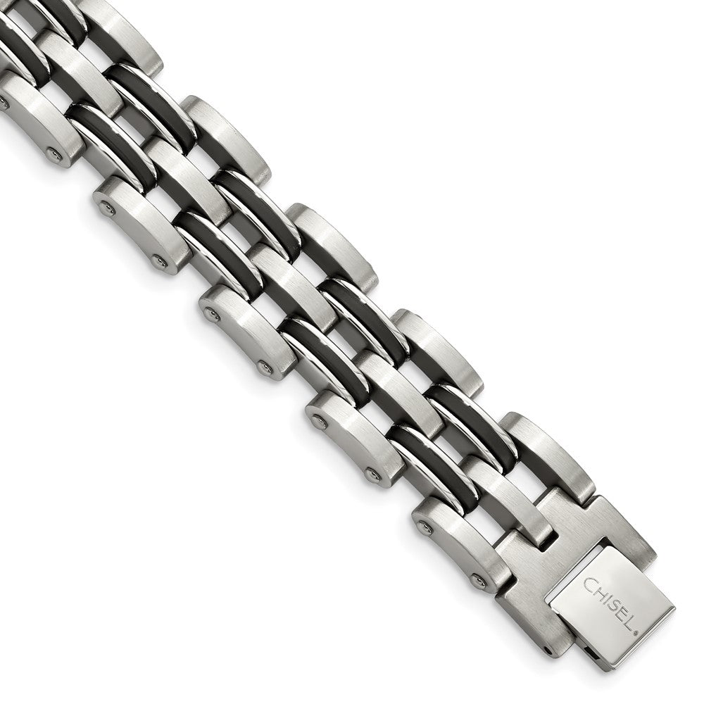 Chisel Stainless Steel Brushed and Polished with Black Rubber 8.75 inch Link Bracelet, 9.25 x 14 mm
