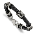 Chisel Stainless Steel Antiqued and Polished Dragon Black Braided Leather 8.5 inch Bracelet, 8.5 x 9 mm