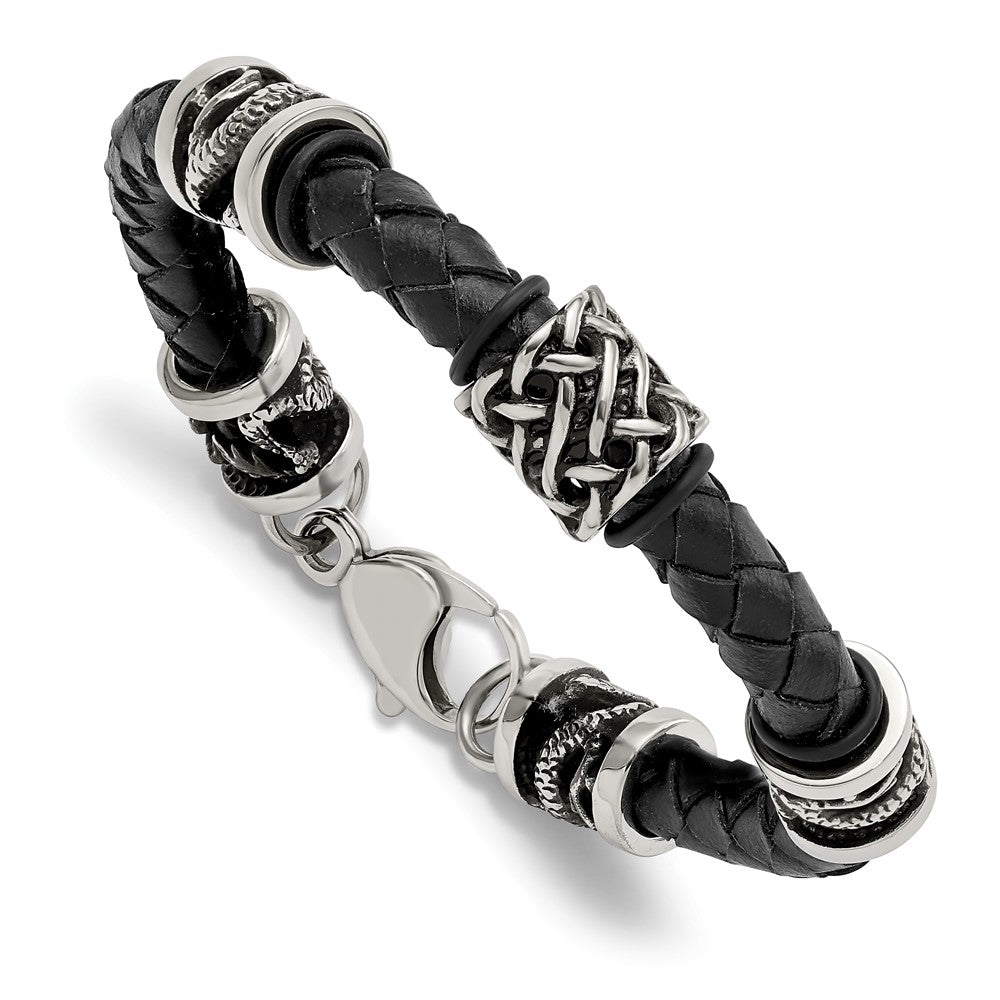 Chisel Stainless Steel Antiqued and Polished Dragon Black Braided Leather 8.5 inch Bracelet, 8.5 x 9 mm