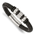 Chisel Stainless Steel Brushed Polished and Textured Black IP-plated Black Braided Leather and Rubber 8.5 inch Bracelet, 8.5 x 9 mm