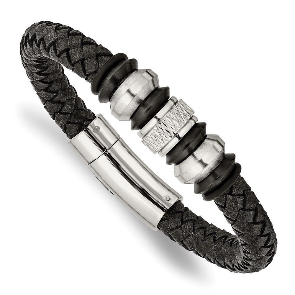 Chisel Stainless Steel Brushed Polished and Textured Black IP-plated Black Braided Leather and Rubber 8.5 inch Bracelet, 8.5 x 9 mm