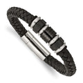 Chisel Stainless Steel Brushed and Polished Black IP-plated Black Braided Leather and Rubber 8.5 inch Bracelet, 8.5 x 9 mm