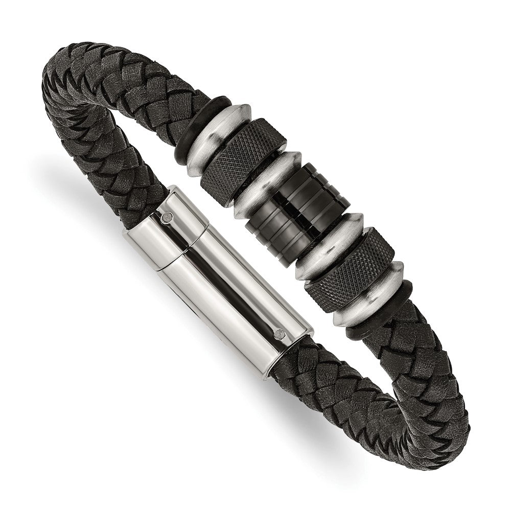 Chisel Stainless Steel Brushed and Polished Black IP-plated Black Braided Leather and Rubber 8.5 inch Bracelet, 8.5 x 9 mm