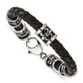 Chisel Stainless Steel Antiqued and Polished Fleur de Lis and Dragon Black Braided Leather 8.5 inch Bracelet, 8.5 x 8 mm