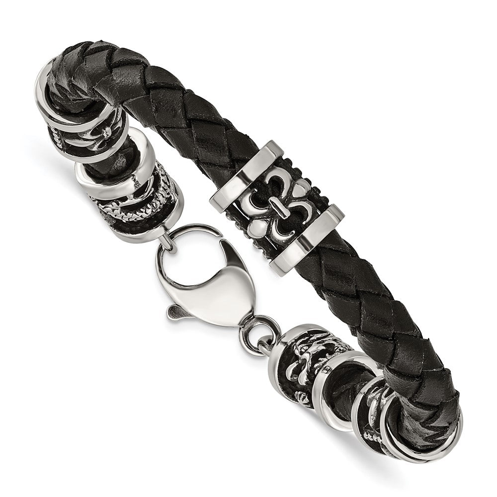 Chisel Stainless Steel Antiqued and Polished Fleur de Lis and Dragon Black Braided Leather 8.5 inch Bracelet, 8.5 x 8 mm
