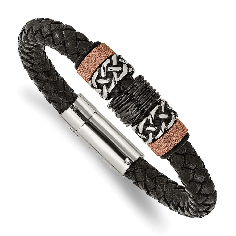 Chisel Stainless Steel Polished and Textured Black and Brown IP-plated Black Braided Leather and Rubber 8.5 inch Bracelet, 8.5 x 9 mm