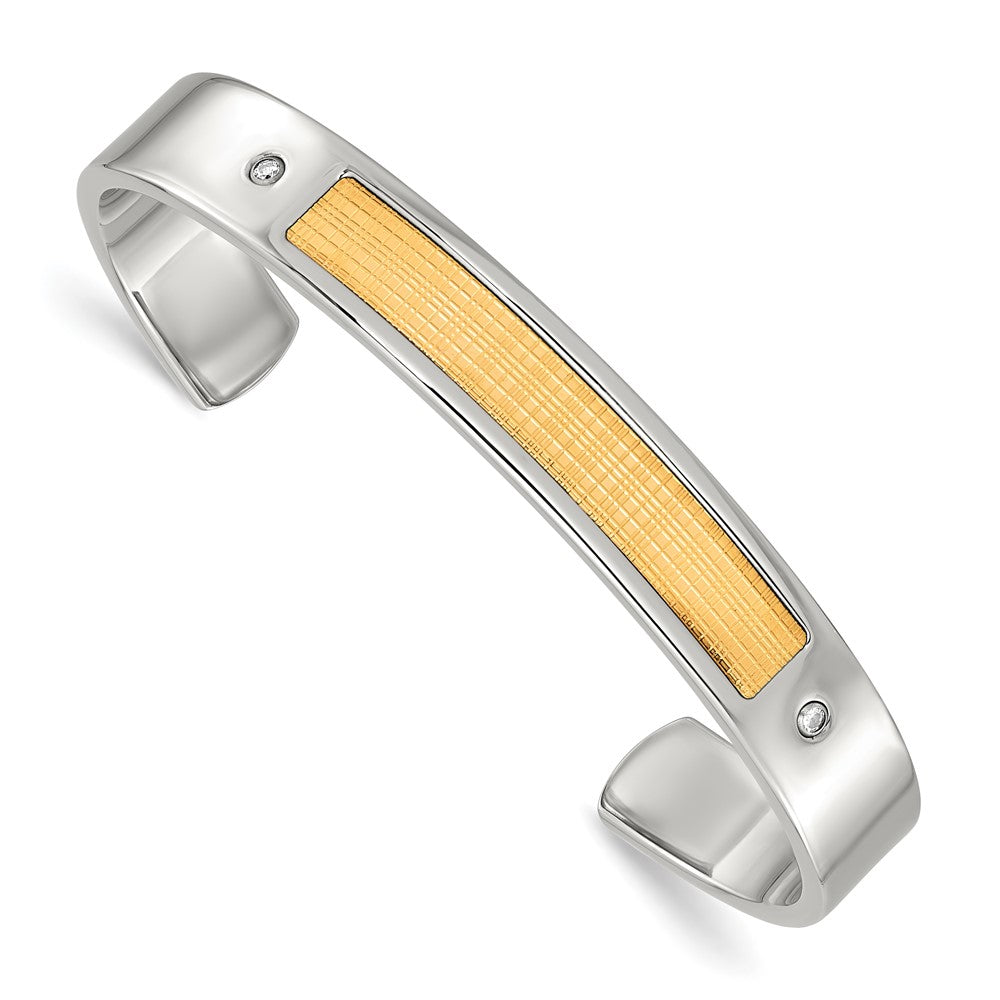 Chisel Stainless Steel with 18k Gold Accent Polished and Textured with 1/20 carat Diamond Cuff Bangle, 0.05 ct, 7 x 10 mm