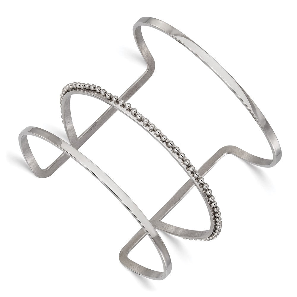 Stainless Steel Polished Beaded Cuff Bangle, 57 mm