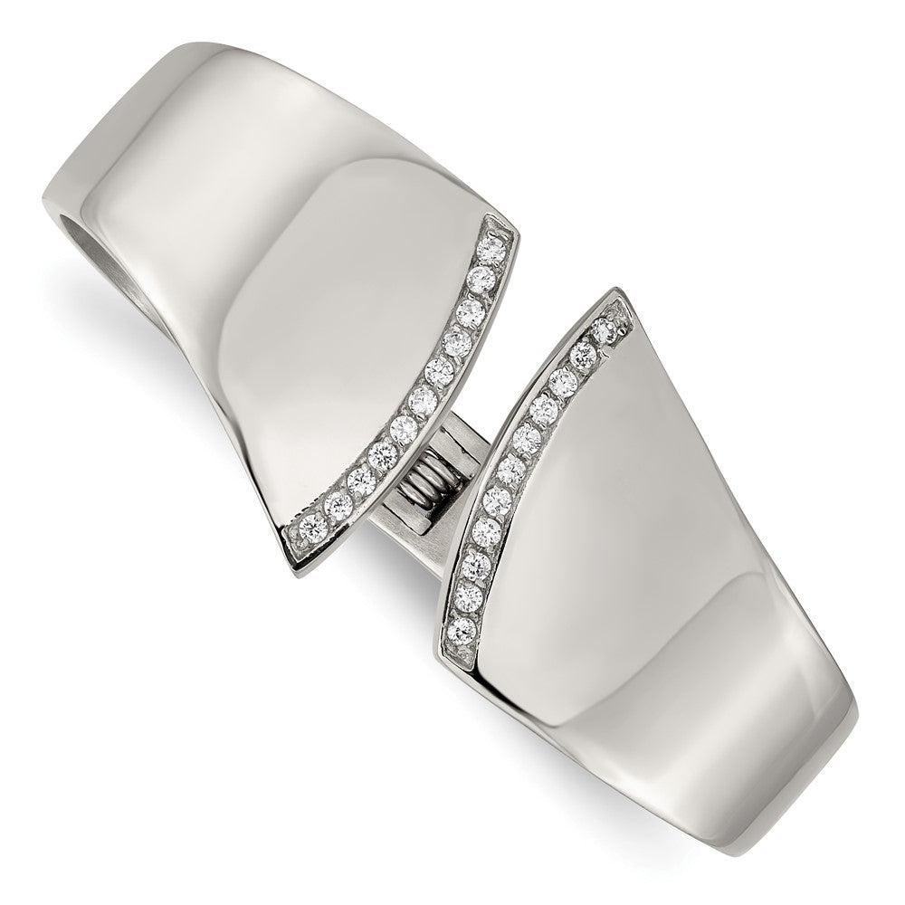 Stainless Steel Polished with CZ Hinged Bangle, 30 mm