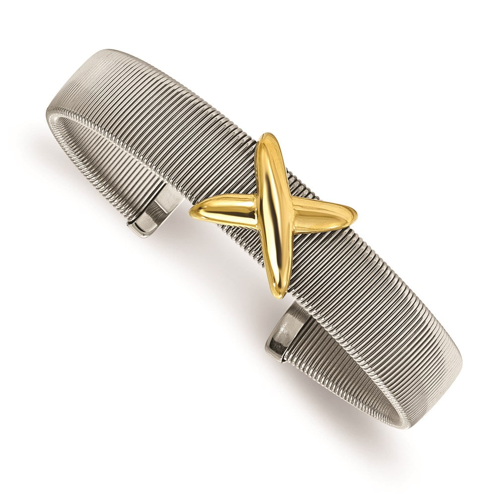 Stainless Steel Polished Textured Yellow IP-plated Bangle, 9 mm