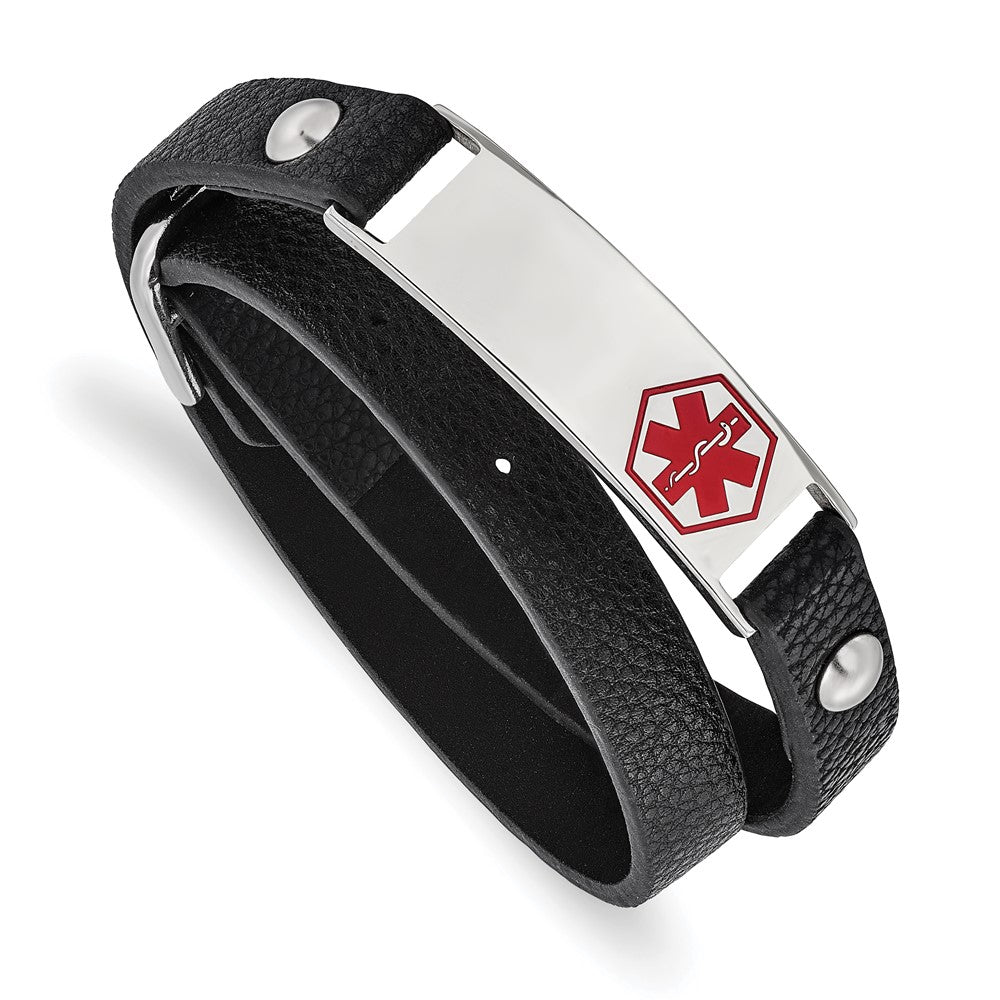 Chisel Stainless Steel Polished with Red Enamel Medical ID Black Leather Adjustable Wrap Bracelet, 10 mm