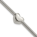 Stainless Steel Polished Heart Bead Snake Chain with 1in ext. Bracelet, 7.5 x 9.3 mm