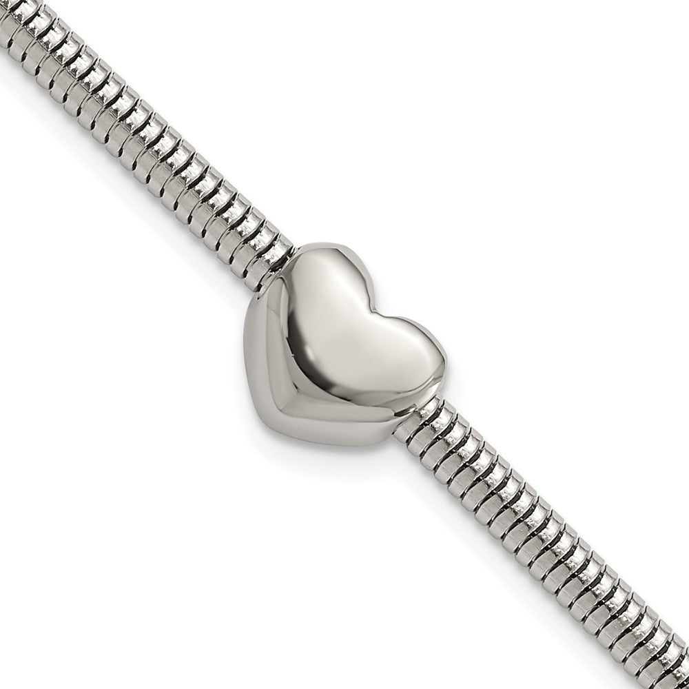 Stainless Steel Polished Heart Bead Snake Chain with 1in ext. Bracelet, 7.5 x 9.3 mm