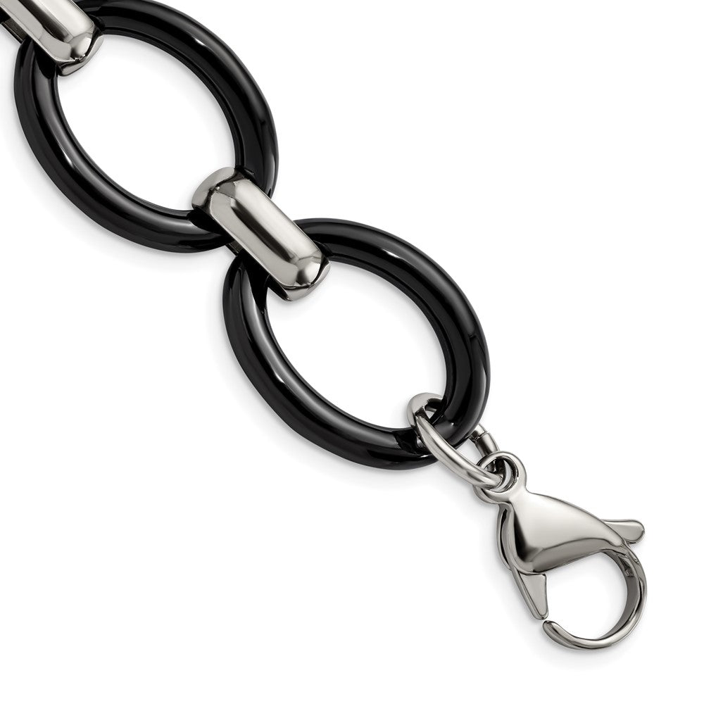Stainless Steel Polished w/Black Ceramic w/1in ext. 7in  Bracelet, 7 mm