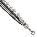 Stainless Steel Polished Leather w/Simulated Pearls w/ 1in ext Bracelet, 7 mm
