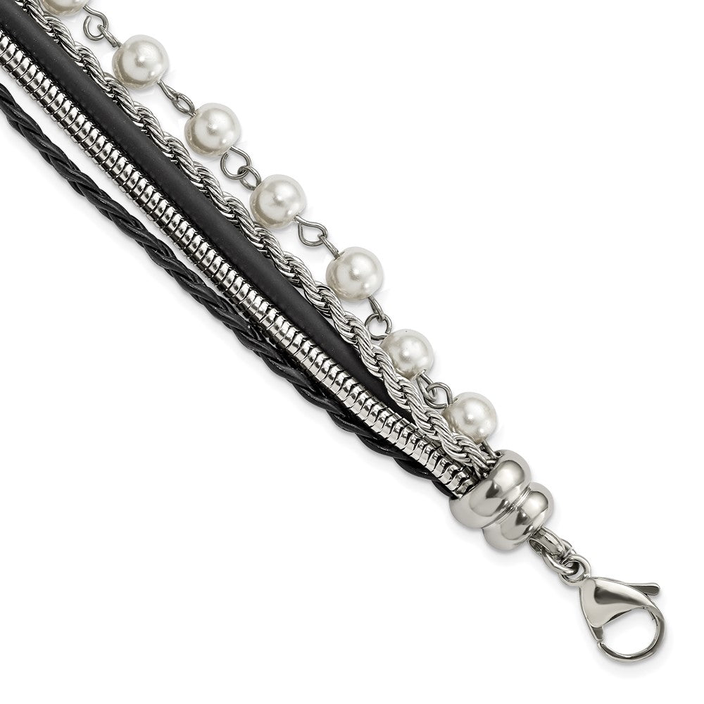 Stainless Steel Polished Leather w/Simulated Pearls w/ 1in ext Bracelet, 7 mm
