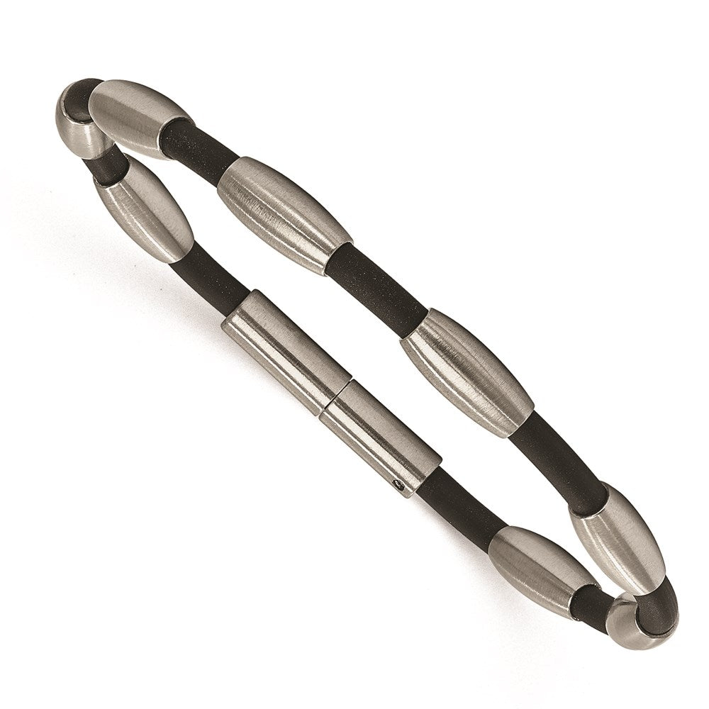 Stainless Steel Black PVC w/Brushed Ovals Bracelet, 7.25 mm