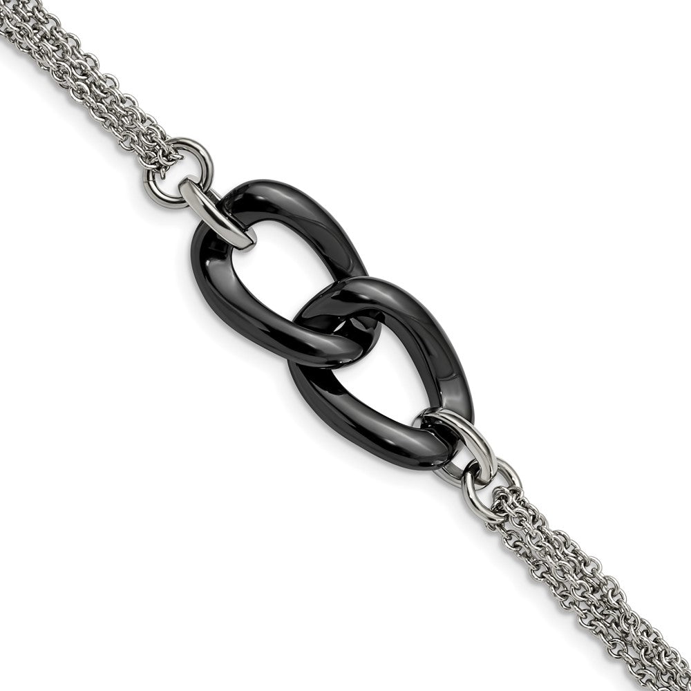 Stainless Steel Polished w/Black Ceramic 7.75in w/.25in ext. Bracelet, 7.25 mm