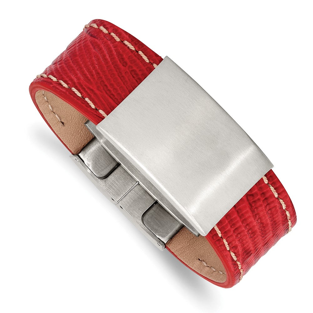 Stainless Steel Brushed Red Leather 8in ID Bracelet, 8 mm