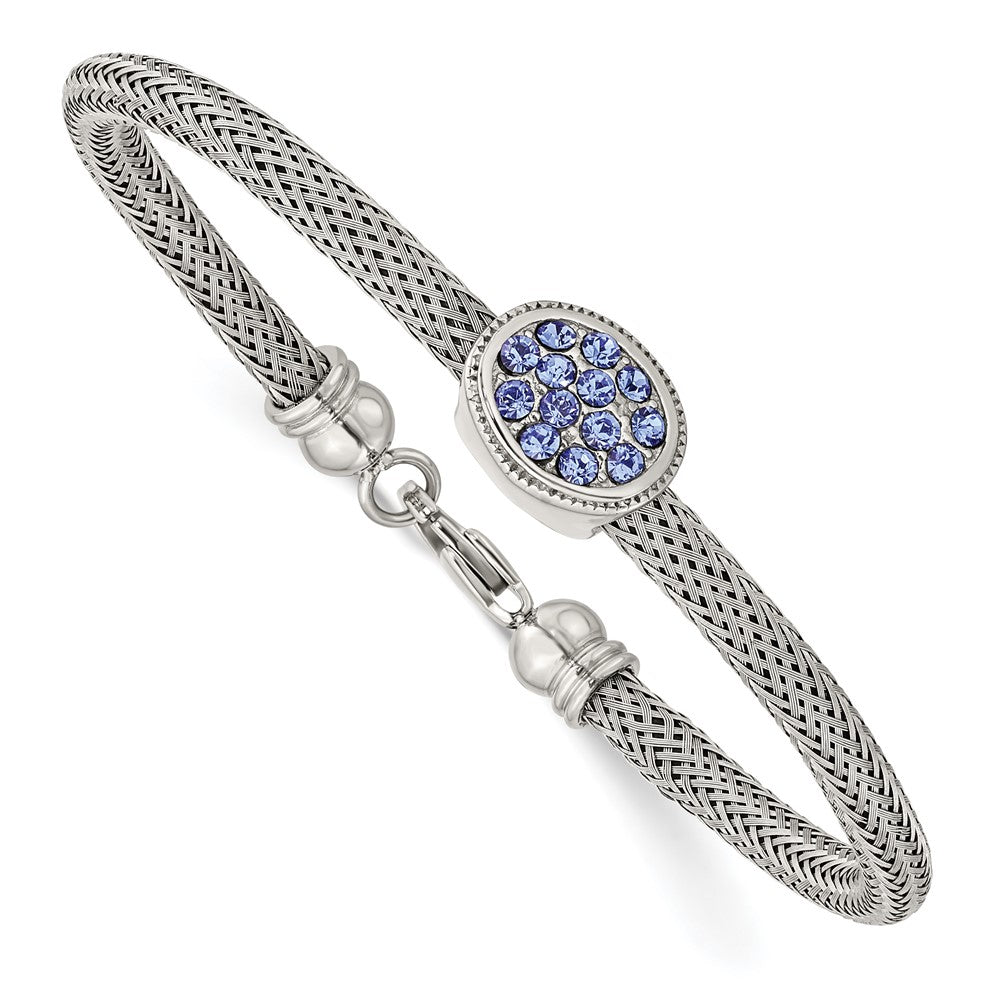 Stainless Steel Polished and Textured Blue Crystal 7.25 in Bracelet, 7.5 mm