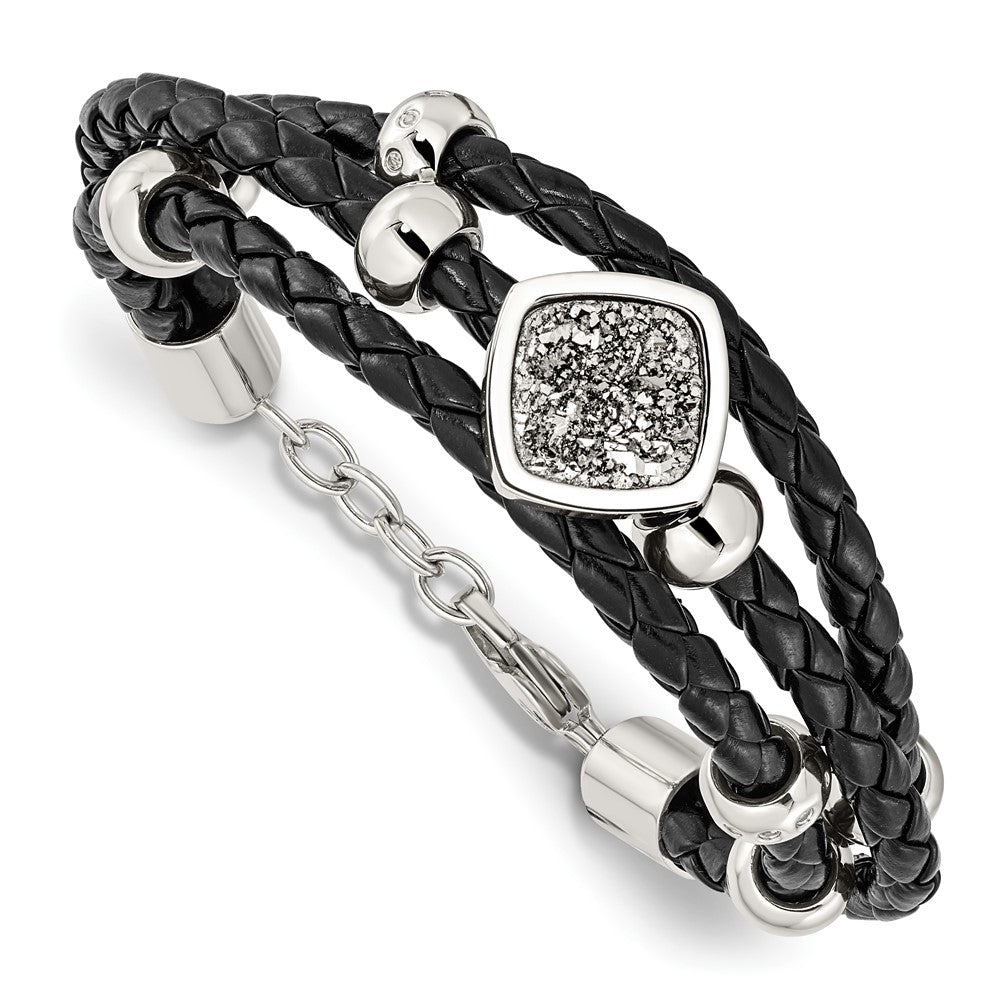 Stainless Steel w/.75in ext Polished w/Druzy and Crystal Leather Bracelet, 7 mm