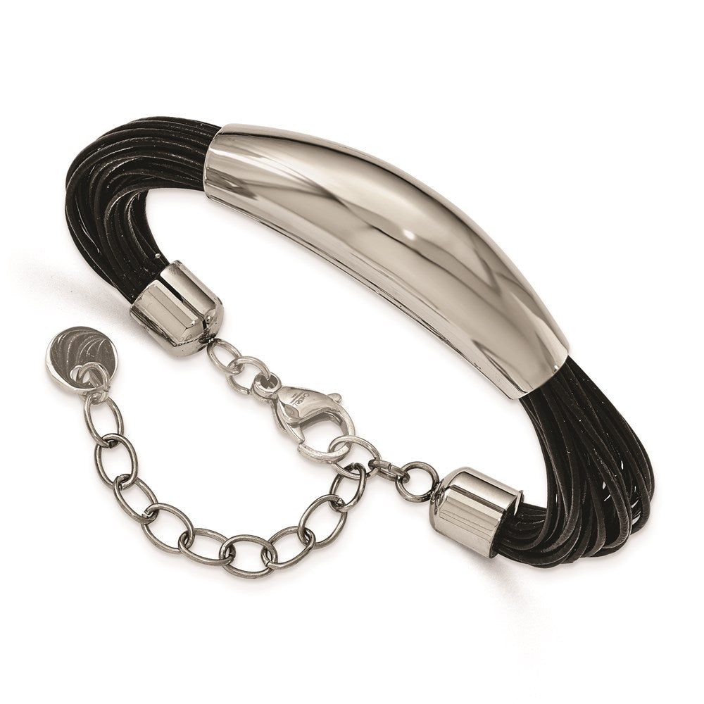 Stainless Steel Polished Faux Leather Cords 2.5in ext. Bracelet, 7.5 mm