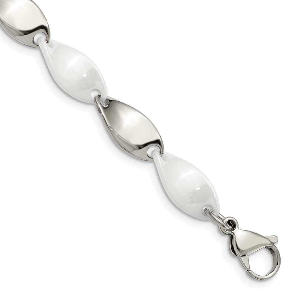 Chisel Stainless Steel Polished with White Ceramic 7.75 inch Twisted Link Bracelet, 7.75 x 9.5 mm
