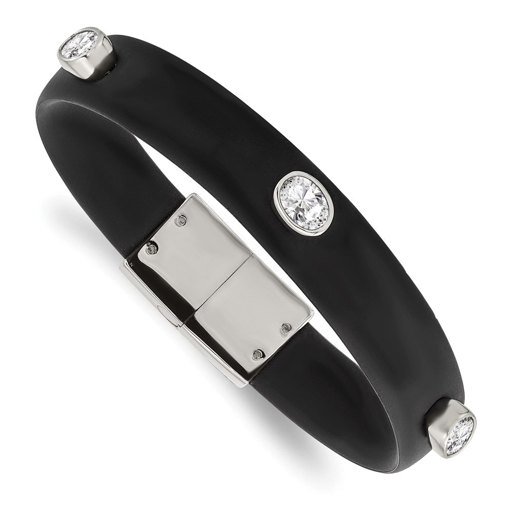 Stainless Steel Polished Black Silicone w/CZ 8in Bracelet, 8 mm