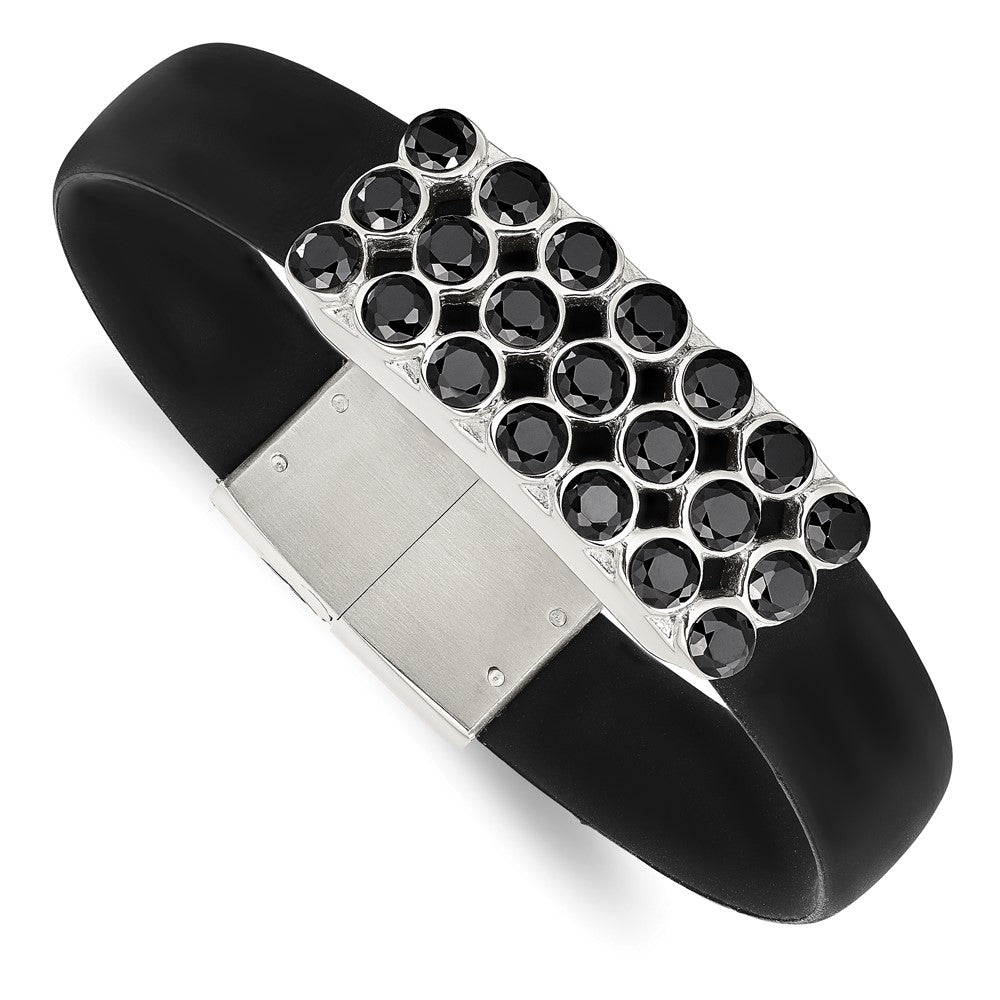 Stainless Steel Polished Black Rubber w/Black CZ 8in Bracelet, 8 mm