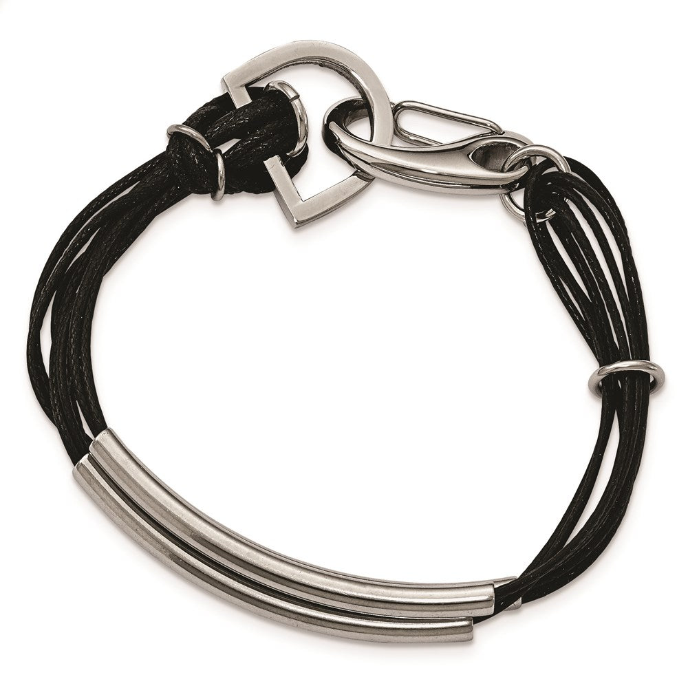 Stainless Steel Polished 3 Steel Tube w/ Black Wax Cord Bracelet, 8 mm