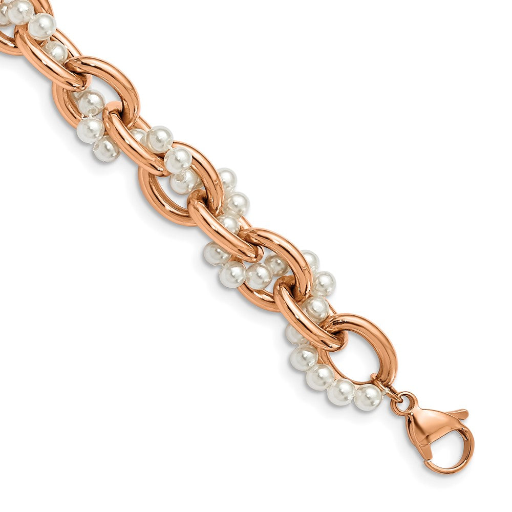 Stainless Steel Polished Rose IP-Plated & Faux Pearl w/1.5in ext. Bracelet, 8 mm