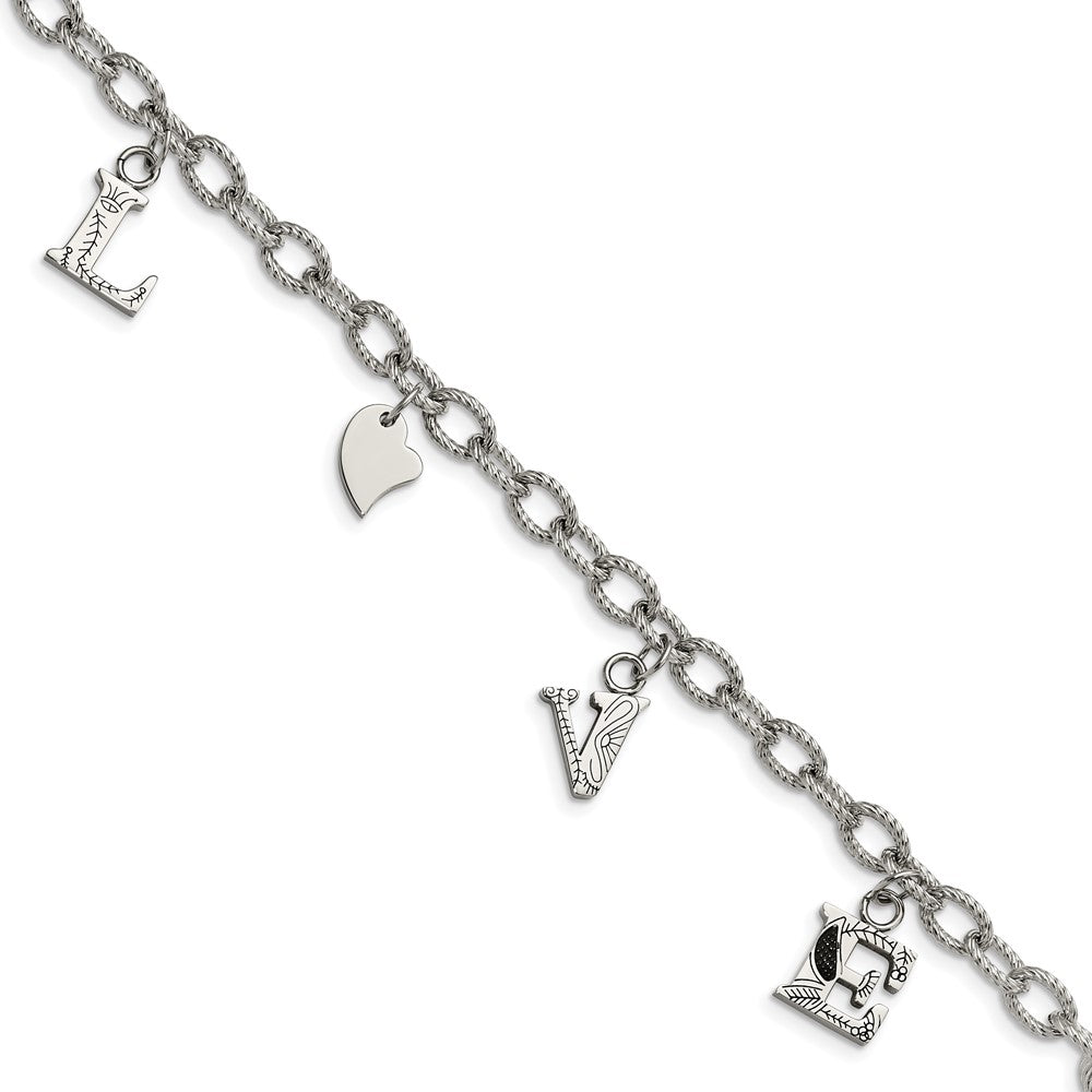 Stainless Steel Polished and Textured LOVE Charm 8.25in Bracelet, 8.25 mm