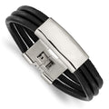 Stainless Steel Polished Black Leather 8in ID Bracelet, 8 mm