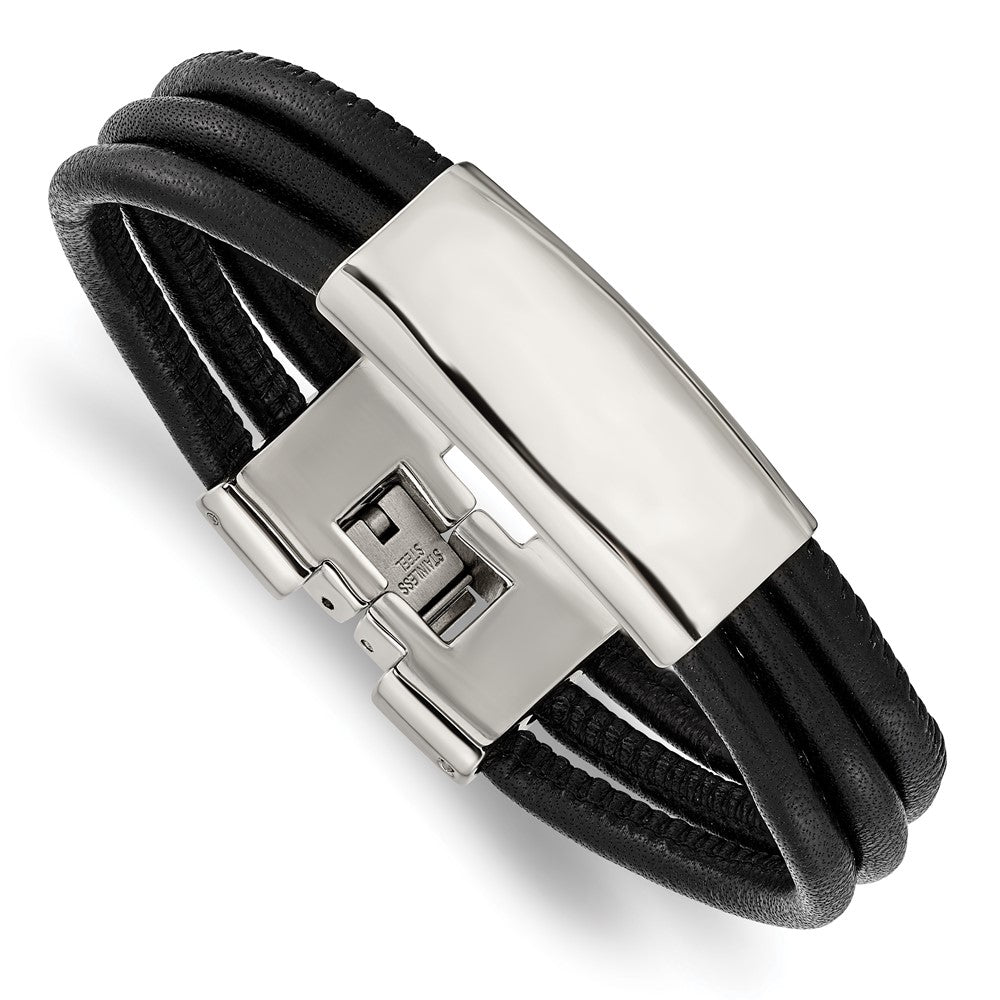 Stainless Steel Polished Black Leather 8in ID Bracelet, 8 mm