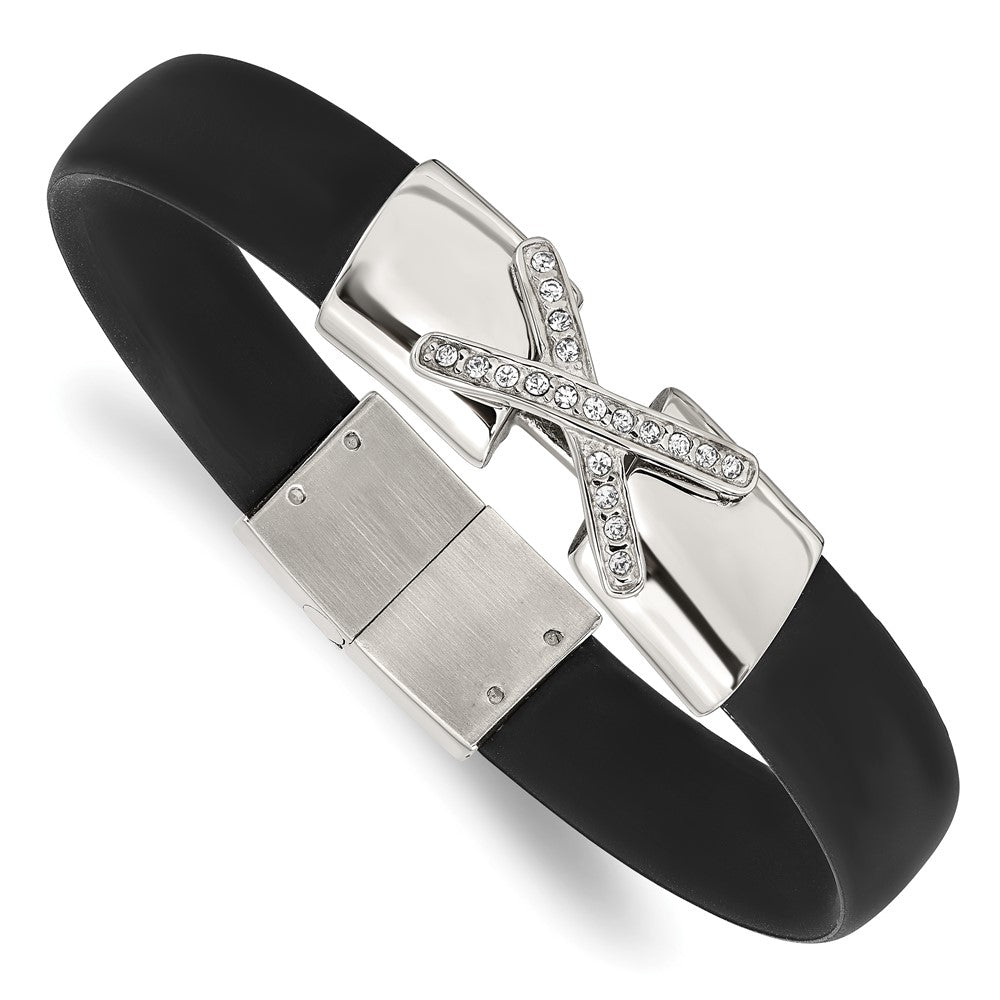Stainless Steel Polished Black Silicone w/CZ 8.5in Bracelet, 8.5 mm
