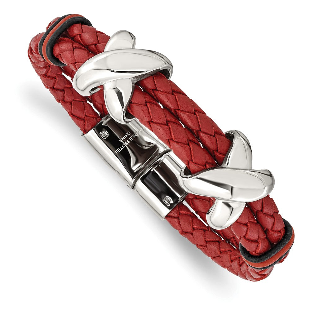 Chisel Stainless Steel Polished Red Leather and Black Rubber 8 inch Bracelet, 8 x 18 mm