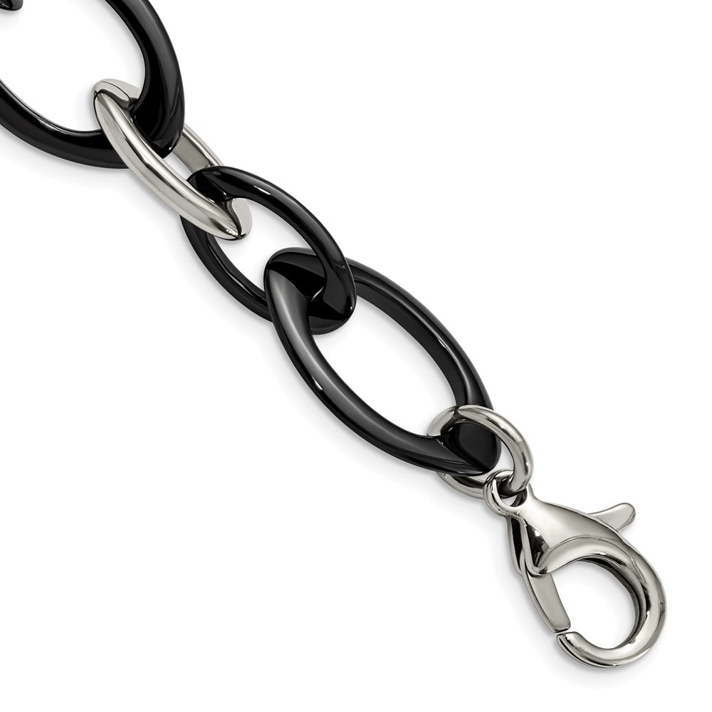 Chisel Stainless Steel Polished with Black Ceramic 8 inch Open Link Bracelet, 8 mm