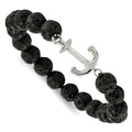Chisel Stainless Steel Polished Anchor 10mm Black Lava Stone Stretch Bracelet, 7 x 10.5 mm
