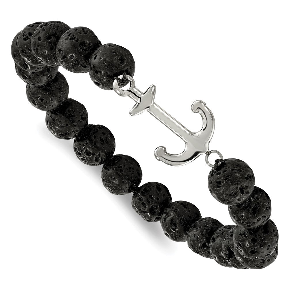 Chisel Stainless Steel Polished Anchor 10mm Black Lava Stone Stretch Bracelet, 7 x 10.5 mm