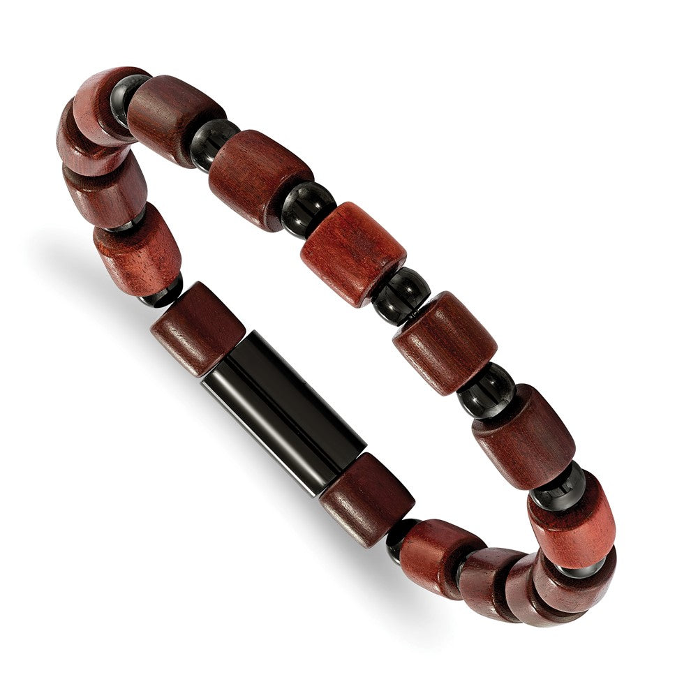 Chisel Stainless Steel Polished Black IP-plated Beads and Wood Beaded Stretch Bracelet, 7.5 x 8 mm